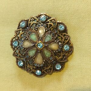 Vintage Aquamarine Stone and Rhinestone Statement Brooch
